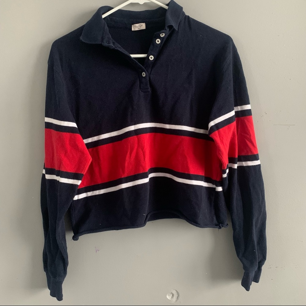 BLUE AND RED STRIPED BRANDY MELVILLE JOHN GALT CROPPED BUTTON LONG SLEEVE